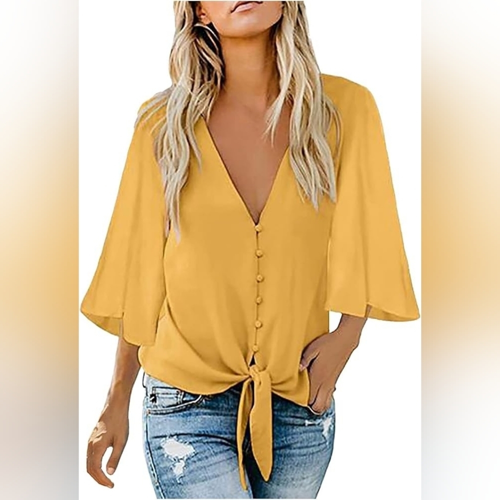Women's Yellow V-neck Wide Sleeve Tie Hem Button Top Blouse Plus size 2XL